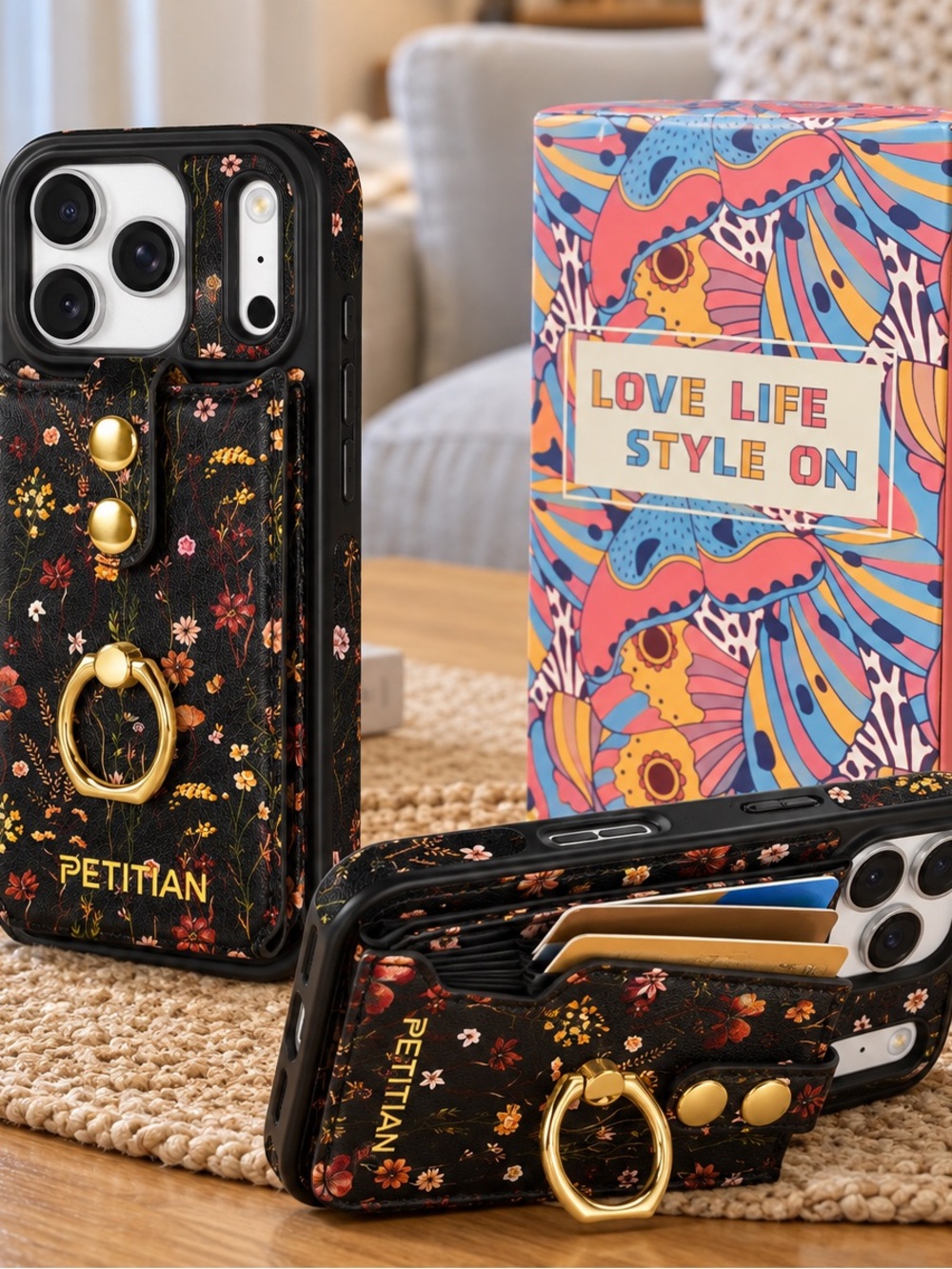 Black Floral Ring Wallet Phone Case for Cell Phones